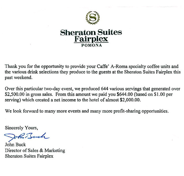 Testimonial Letter From Sheraton Suites Fairplex Hotel